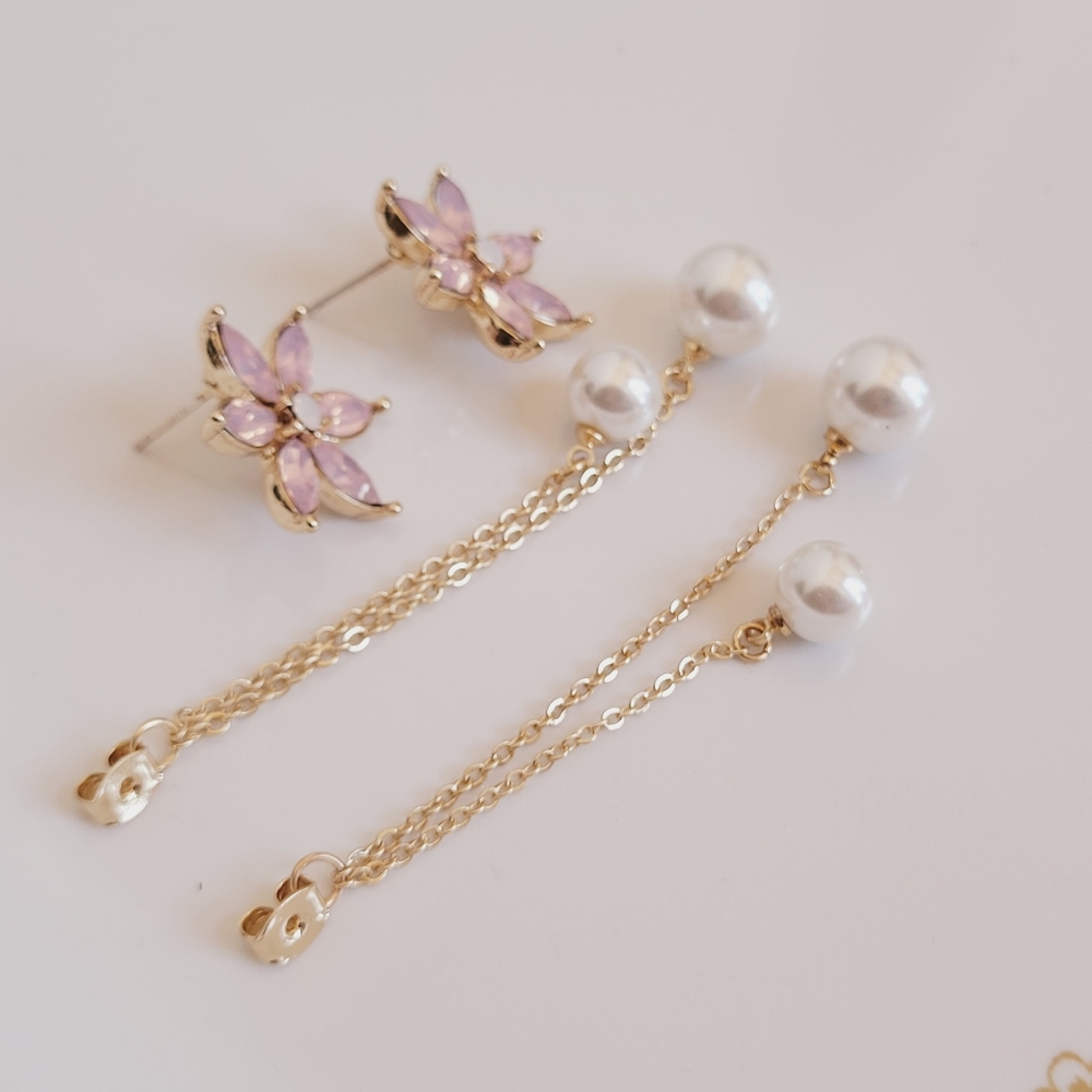NWT-Flower Dangle Double Pearl Detachable Earrings - Picture 8 of 11